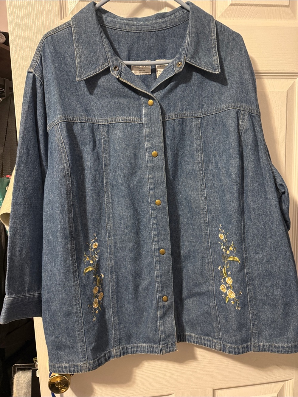 Emma James Blue Denim Snap-Front Jacket with Yellow Floral Embroidery